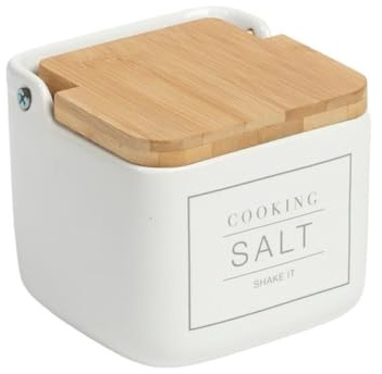 Salero de Cerámica con Tapa de Bambú, 700 ml, Recipiente de Sal y Especias, Diseño Moderno para Cocina