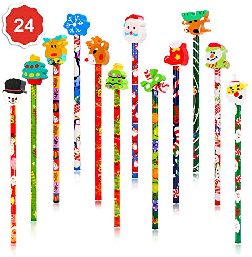Qpout 2 Dozen (24) Weihnachten Bleistifte Mit Radiergummi Set,Härtegrad Hb Bleistifte Stifte,Weihnachtsdekoration Gefälligkeiten,Kinderparty Schule Belohnungen Mitgebsel Geschenke
