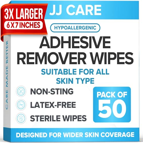 JJ CARE Adhesive Remover Wipes [Pack of 50] - Large Stoma Wipes - Sting Free Adhesive Remover for Skin Ostomy, Stoma, Colostomy Devices and Dressings