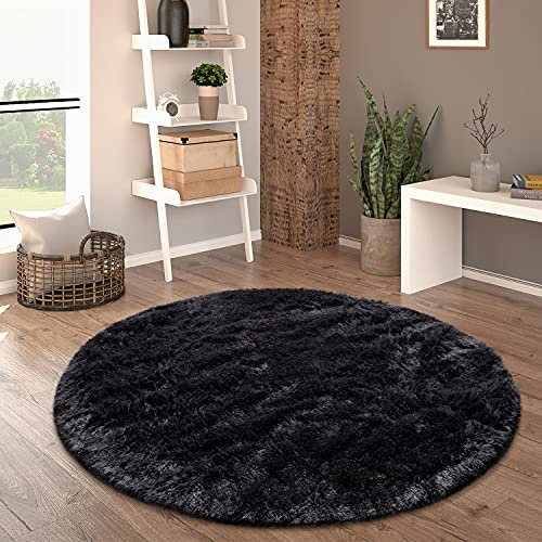 Paco Home Hochflor Teppich Rund Wohnzimmer Schlafzimmer rutschfest Shaggy Modern Flauschig Einfarbig Langflor Kunstfell, Grösse:120 cm Rund, Farbe:Schwarz