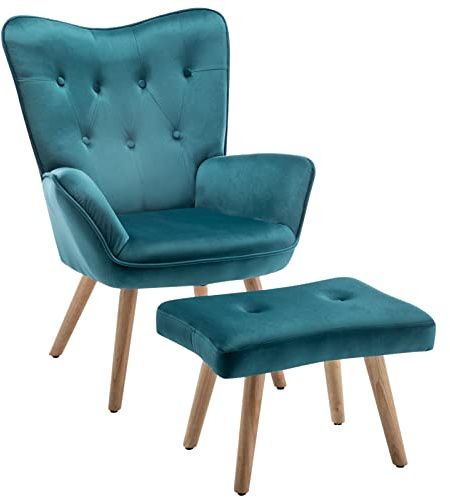 HollyHOME Armchair with Footstool Comfy Armchair Living Room Velvet Reading Chair Bedroom Accent Chairs Cozy Arm Chair Lounge Chairs, Teal