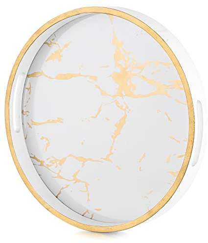 Hanobe Vassoio rotondo decorativo da caffè: vassoio circolare con manici, motivo marmo, vassoio per tavolino da caffè, per soggiorno, bar, bevande, feste, casa, cucina, bianco