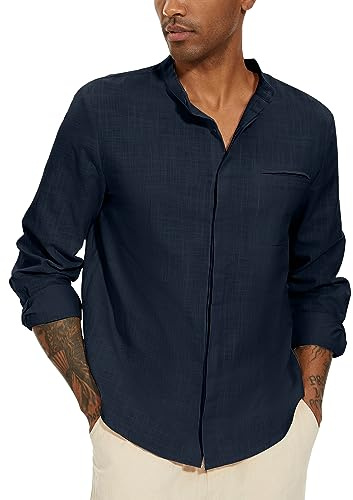 YAOBAOLE Chemise en Lin Homme Manche Longue Légère Été Coton Lin Col Mao Boutonnée Plage Marine XXL
