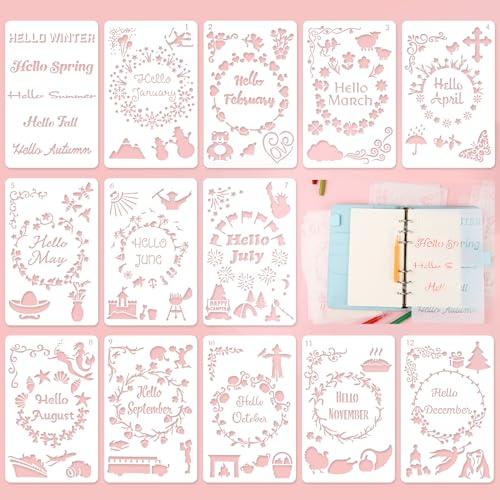 Abeillo 13 Stück AST Journal Schablonen, Monate | Jahreszeiten Stencil Bullet Schablonen Set, Malerei DIY Zeichenschablonen für Tagebuch Sammelalbum Scrapbook DIY Geschenkkarten