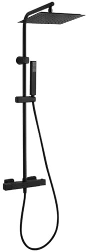 KOLMAN Badezimmer Duschset Schwarz CUBI Duschsäule Brausegarnitur mit Duschmischer, Kopfbrause: 250x250 mm