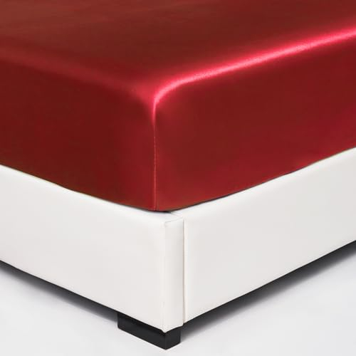 Wotcsil Satin Spannbettlaken 140x200cm Rot Weinrot für Matratze Boxspringbett Topper bis 30 cm Satin Seide Spannbetttuch Bettlaken Elastisch Deluxe Unifarben Spannbetttuch Polyester-Satin