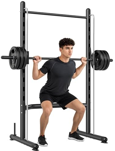 HOMCOM Smith Machine Squat Rack with Pull-Up Bar, Adjustable Weight Rack, Multi-Functional Weight Lifting Barbell Stand for Home, Gym, Strength Training