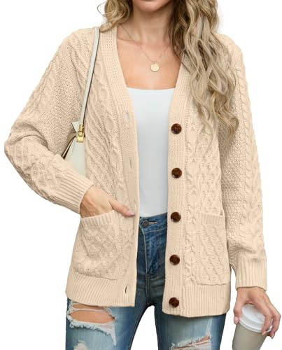 GRECERELLE Womens Cardigans Knit Aran Cable Long Sleeve Button Down Oversized Ladies Jumper Cardigan Knitwear with Pockets for Winter Fall Spring