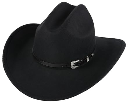 Henrrida Sombrero de vaquero occidental para hombres y mujeres, sombrero de fieltro occidental clásico de ala ancha con cinturón enrollable, sombrero de vaquero con cinturón de hebilla, unisex, para