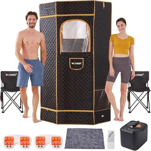 WOOMER 2 Personen Sauna Tragbare Sauna Box für Zuhause mit Klappstuhl, Fußmassagegerät und 3L 1000W Sauna Dampfgarer, Geräumiges Dampfsaunazelt mit 4 Fenstern, Home SPA Entspannung, 108.0 cmx 108.0 cm