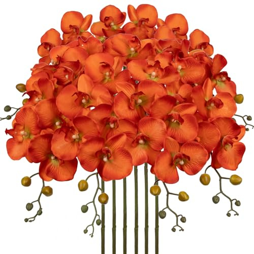 Oairse 6PCS Artificial Orchid Stems 81cm Tall Orange Silk Phalaenopsis Flowers with 5 Blooms Faux Orchids Flower for Home Office Wedding Floor Vase DIY Floral Arrangements Housewarming Gift