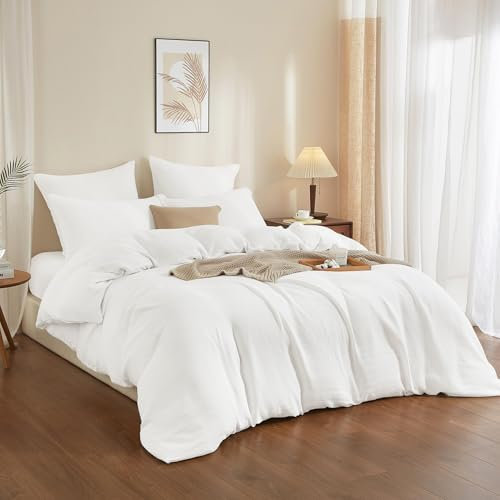 YASMENG Linen 135 x 200 cm White Bed Soft Breathable Cuddly Duvet Cover Set 2-Piece with Zip and 80 x 80 cm Pillowcase