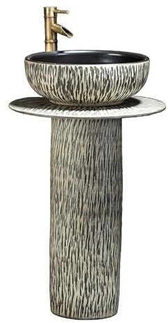 Lavabo de pedestal Fregadero de pedestal for patio y balcón al aire libre, fregadero de pedestal de cerámica tallado a mano vintage, juego de fregadero de pie de 3 piezas con grifo de cobre y juego de
