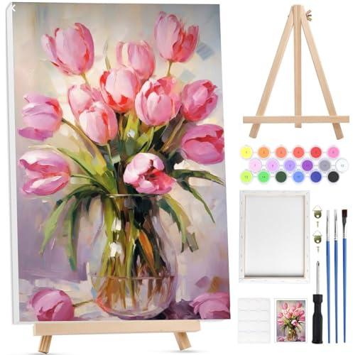 BOWETILE Rosa blommor måla efter siffror för vuxna med inramad duk och trästaffli, måla efter siffror kit för vuxna nybörjare canvas-kit, gör-det-själv akrylpigment ritning målning för heminredning 20