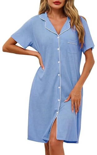 Lovasy Chemise de Nuit Femme Coton à Manches Courtes Chemise de Nuit Léger Col en V Classique Robe De Nuit Boutonnée Devant Tee Shirt de Nuit Femme Grande Taille avec Poches Latérales,A-Bleu Clair,XL