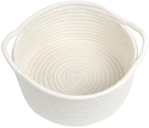 Small Woven Cotton Rope Gift Basket with Handle, Cute Basket for Organizing | Empty Gift Basket, Mini Round Storage Bin, Nursery Shelf Organizer, Closet and Bathroom Storage, Boho Decor
