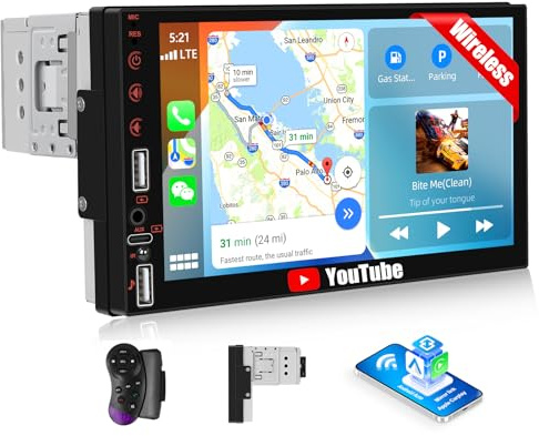 CAMECHO Radio para Coche con Pantalla Táctil HD de 7 con CarPlay Inalámbrico y Android Auto,Radio Carplay 1 DIN con Navegador GPS Youtube Bluetooth,WiFi,FM,USB,AUX,Type-C+Controles en el Volante