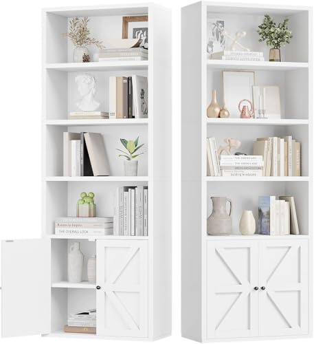 oneinmil Tall Bookshelf, 6 Tier Bookcase with Cabinet Doors, Modern Bookshelves Display Rack, Storage Cabinet for Home, Office, Living Room, White-2 Pack