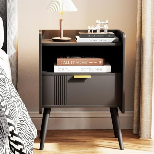 Garden 4 you Bedside Table, Nightstand, Bed Side Table with Wood Decorated Drawers, Modern Bedside Cabinet, Bedroom End Table with Storage, Quick Easy Assembly (Black) (Black, One Drawer)