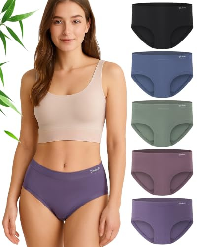 Women's Bamboo Viscose Knickers 5 Pack – Ultra Soft Breathable Full Briefs | 94% bamboo viscose,6% spandex. Moisture-wicking,odour control,mid rise,double gusset,tag-free,machine washable. Sizes S-3XL