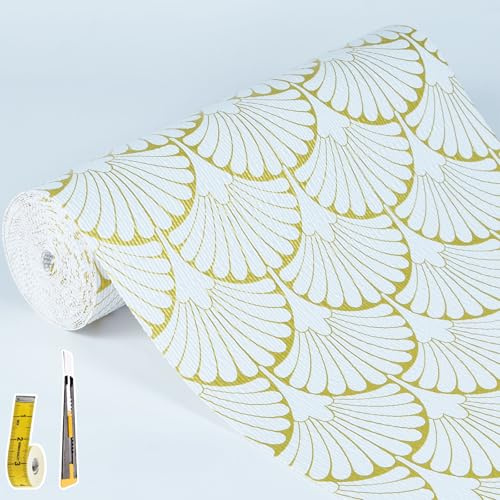 Shelf Liners Non Adhesive Gold Background White Fan-Shaped Pattern - Thickened Non-Slip Easy to Clean Drawer Liner for Kitchen Cabinets, Tool Box,Refrigerator,with Knife & Tape Measure,17in x 20FT.