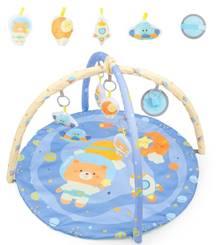 BREEZENEST Baby Play Gym & Activity Mat with Sensory Toys – Arch, Kick Piano, Mirror, Crinkle Medallion, Soft Book, Rattle, Ocean Balls, Playmat for Newborns & Infants (0-36 Months) (Space-Round)