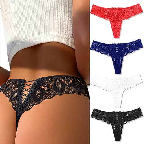 Avidlove Sexy Panties for Women Lace Thongs Criss Cross Back Underwear No Show Bikinis Panty 4 Packs 2XL