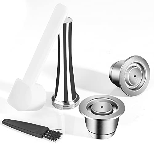 RECAFIMIL Reusable Nespresso Capsules, 2 Pcs Reusable Coffee Capsules with Tamper Stainless Steel Refillable Coffee Pods Compatible for Nespresso Machine (2 Capsules + 1 Tamper + 1 Spoon +1 Brush)