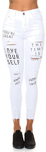 Koucla Destroyed Skinny High Waist Jeans med tryck och sprickor, Vit, 36 SE