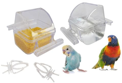 2 Pack Bird Feeders for Cage No Mess Parakeet Food Bowl with Cover Clear Hanging Parrot Water Dispenser Perch Cup Waterer Bird Dishes Seed Cage Cups Slot Replacement Feeder Bowls