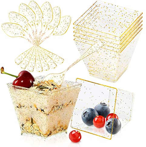 Fewlew Plastic Square Dessert Cups - 50 Pcs, 60ML with Spoons, Reusable Party Cups for Tiramisu, Jelly, Mousse, Ice Cream (Gold)