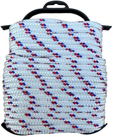 eacommerce - Corda in Polipropilene Alta Tenacità 16 Fusi Multiuso | Anti UV | Ideale per Nautica, Bianco con Segnalino Rosso/Blu, 8 mm, 20 metri