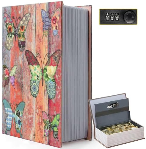 Cassaforte a forma di libro con farfalla, con serratura a combinazione, stile vintage, a forma di libro finto, cassaforte per decorazione, per casa, ufficio, caffetteria, libreria (24 x 15 x 6 cm)