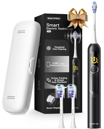 SAKYPRORAL AI Electric Toothbrush with Smart Display for Adults Kids | 150-Day Rechargeable Toothbrush, Real-Time Map |3-Min Timer, Travel Case | Teens Sonic Toothbrush Gift (G5S Black)