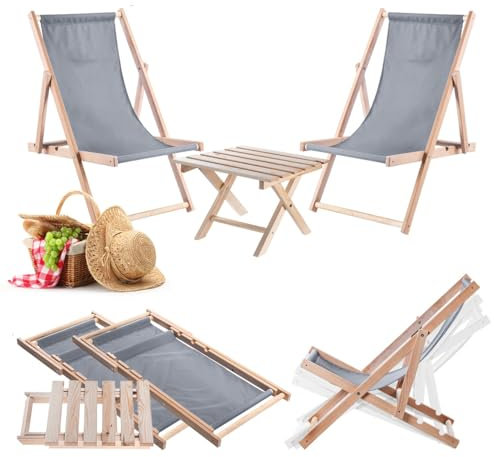 KADAX Klapptisch mit 2 Liegestühlen, Kleiner Gartentisch aus Holz, Beistelltisch für Balkon und Garten, Kaffeetisch klein, Balkontisch klappbar (Grau)
