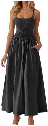 Zeiayuas Shirred Dress for Women UK Sale Clearance Square Neck Strappy Summer Dresses Elegant Spaghetti Strap Plain Maxi Dress Bohemian Beach Holiday Vacation Flowy Long Dresses with Pockets