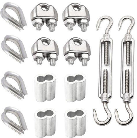 VZU Juego de 14 tensores de alambre de acero inoxidable, tensor M8, incluye abrazadera de cable de alambre de 8 mm y guardacabos, tensor M8 con ganchos y ojales para alambre de jardín
