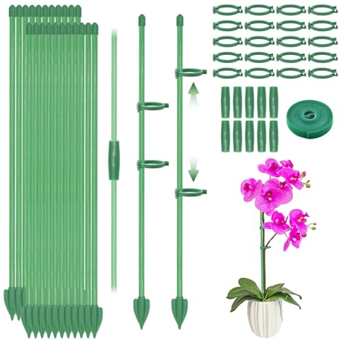 Forbabe Soporte para plantas, 20 unidades de 30 cm, soporte para plantas con 10 conectores, 20 mosquetones, 20 conectores de tierra en forma de flecha y 1 rollo de velcro para varillas de tomate