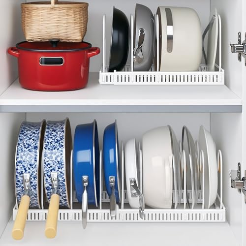 ​​Organizador Sartenes Expandible con 10 Compartimentos Ajustables, Estante Soporte Sujeta Tapas Metal Cajones Cocina, Organizadores Separador Ollas Cajon Armarios para Platos, Sartén (Blanco)