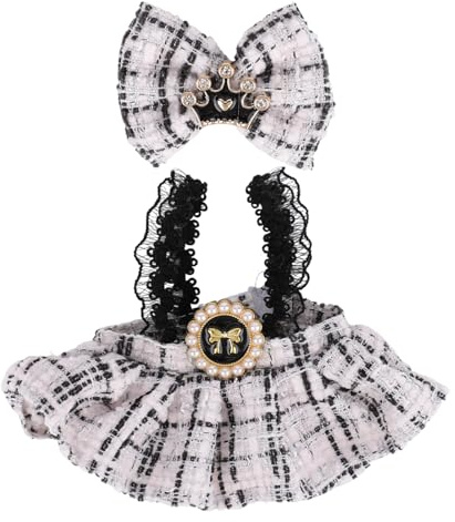 Fukaisu 17cm Doll Clothes Dresses, Elegant Plush Toy Outfit Include Plaid Suspender Skirt & Crown Bow Hairpin, Adorable Costume Set for Dolls Display Accessories (Only Clothes)