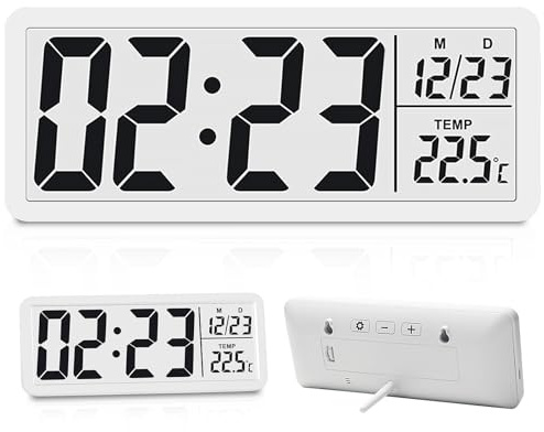BORDEAG Digital väggklocka, väggklocka digital, digital klocka, digital klocka med siffror, temperatur, datum, LCD-display väggur batteridriven, för kontor vardagsrum sovrum, 12/24 timmar