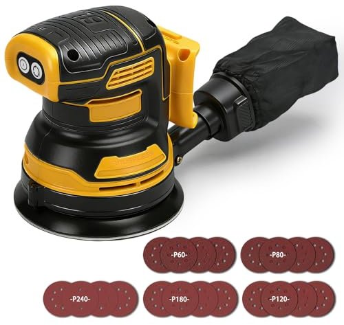 Ponceuse Excentrique Compatible avec Dewalt 20 V batterie, 125 mm Ponceuse Orbitale aléatoire sans fil avec 3 vitesses, 21 Disques Abrasifs, Ponceuse orbitale 7000-11000 tr/min (San Batteries)