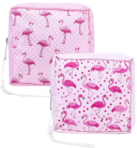 PRESSINART 2Pcs 2 Styles Pink Period Bag Flamingo Sanitary Pad Bag Cute Pink Flamingo Print Sanitary Napkin Pouch Portable Waterproof Feminine Product Travel Storage Organizer for Women Daily Use