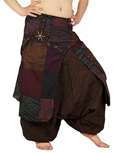 Kanchan Crafts Haremshose Damen Patchwork Pumphose Sommerhose Yogahose Aladinhose Hosen Lang Baggy Bedruckt Harem Stil Elastischen Bund (Braun)