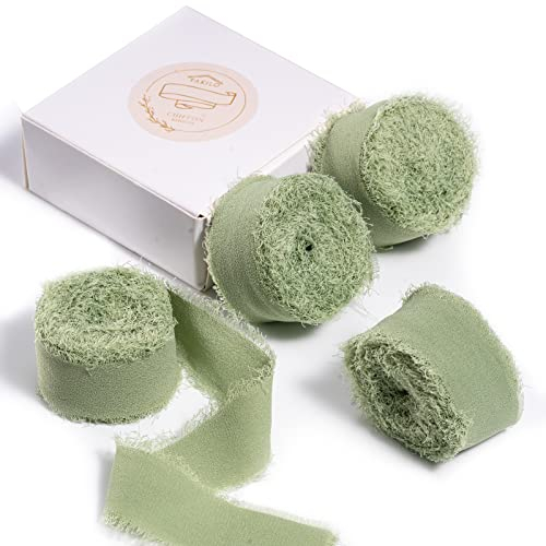 Handgefertigtes Fransen-Chiffonband, 4 Rollen, 2,5 cm Grün Bandset, 18 m langes Chiffon-Seidenband für Hochzeitseinladungen, Brautsträuße, Geschenkverpackungen, Heimwerkerarbeite