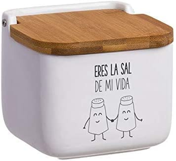 TIENDA EURASIA® Salero de Cocina de Porcelana con Tapa, Saleros de Cocina Originales y Modernos (Salero Frase 12 x 12 x 11 cm)