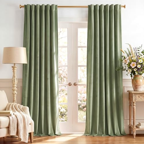 StangH Sage Green Velvet Curtains 120 inches - High Ceiling to Floor Curtains Back Tab Thermal Insulated Drapes for Sliding Door/French Door/Hall, W52 x L120, 2 Panels