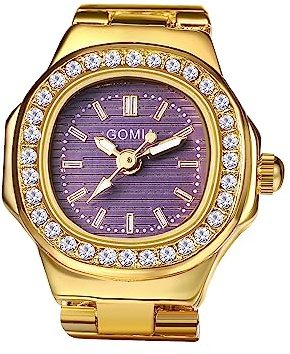 JewelryWe Reloj con Anillo, Reloj de Dedo, Reloj de Tamaño Ajustable, Reloj con Anillo Elástico, Caja Dorada con Esfera Morado