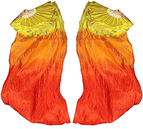 Hayaww 1 Paar FäCherschleier Bauchtanz, Bauchtanz Schleier Fans SchleierfäCher Schleier Lange FäCher Bauchtanz Bambus-FäCherschleier Dance Schleier, 1.8m, FüR GroßE Auftritte, Proben (Gelb + Rot)