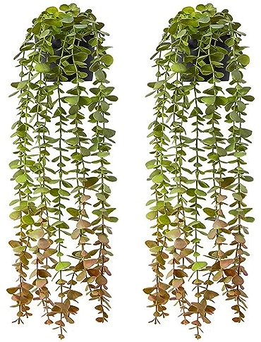 Künstliche Hängepflanzen mit Töpfen, 2 Eukalyptus Künstlich, Künstliche Pflanzen Hängend, Kunstpflanzen wie Echt, Fake Plant, Kunstpflanze Hängend im Topf, Topfpflanze Künstlich für Indoor Dekoration
